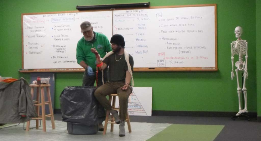 Two people sit in front of a large white board while participating in a WFR course. 